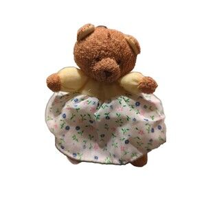 Russ Berrie Teddy Bear Plush Christmas Ornament Yellow Shirt Floral Dress